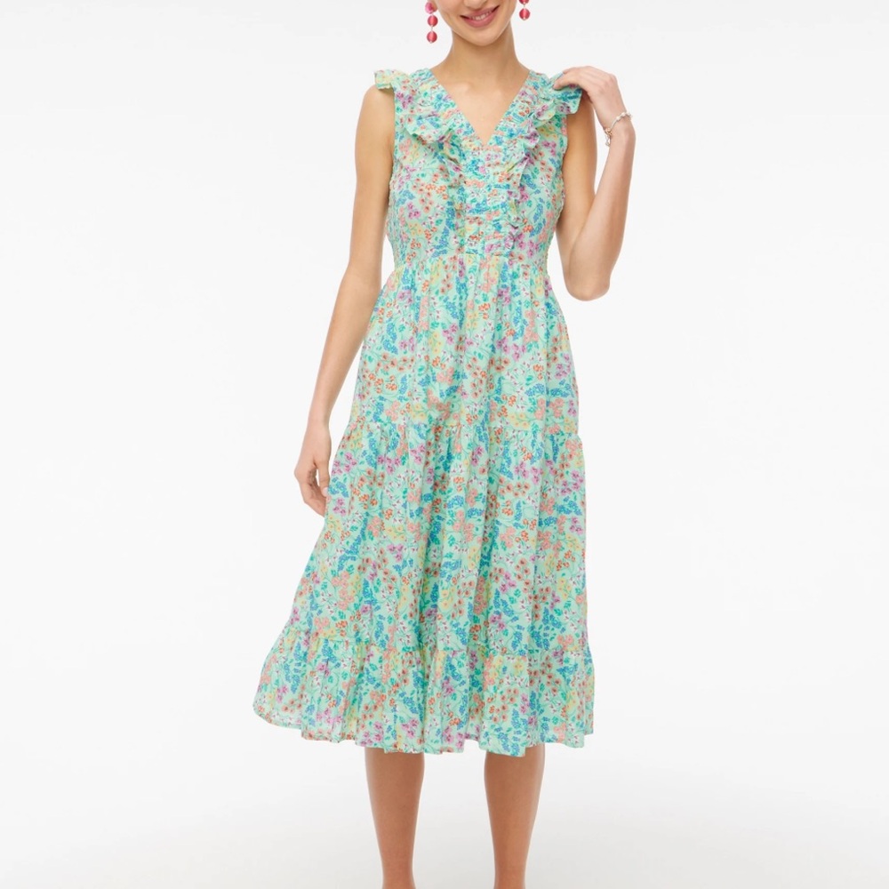 J.Crew Factory Green Mini-Floral Print V-Neck Smocked Boho Midi Dress Size 2